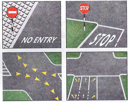 Road markings examples. Yellow arrows - Regulatory. White arrows - Informative 