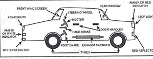 Vehicle safety check points: front windscreen, steering wheel, hooter, hand brake, foot brake, door handles, exhaust silencer, tyres, headlights, indicators, stop lights, reflectors, and rear window; note that no motor vehicle may draw more than three trailers.