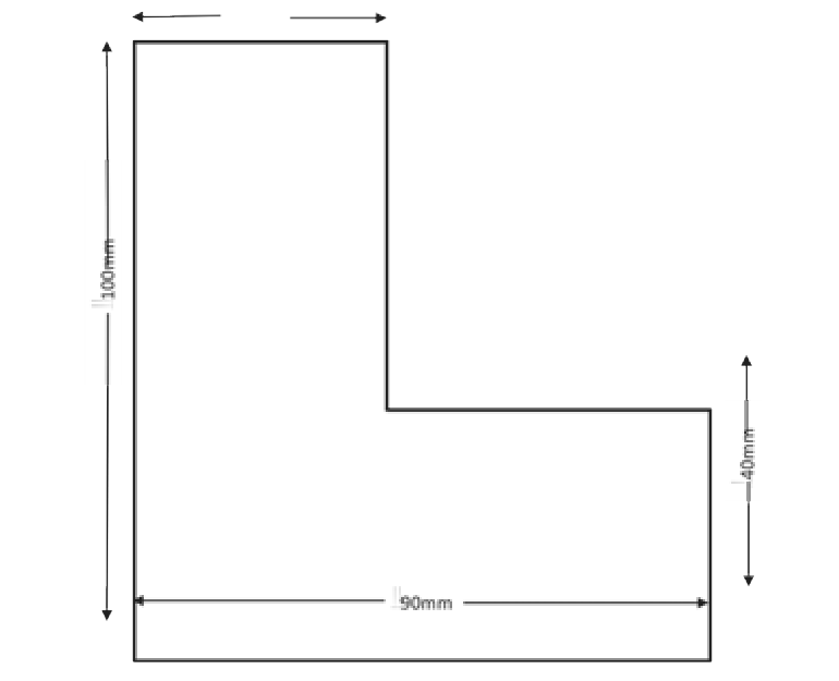 The letter L for an L plate: 100 mm high, 90 mm wide along its foot, and the foot 40 mm high.